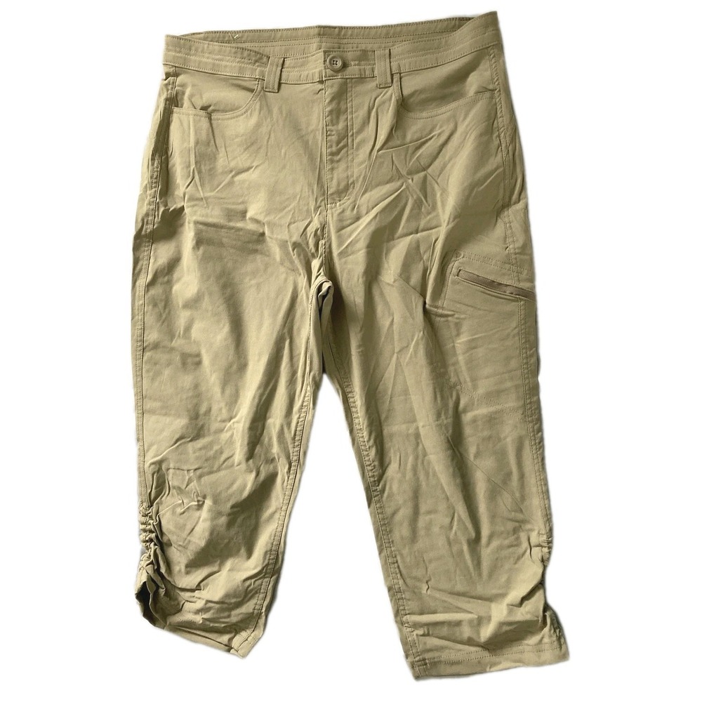 Eddie Bauer Ruched Capri Pant Women 16 Beige Rainier Cargo Stretch Travel Hiking